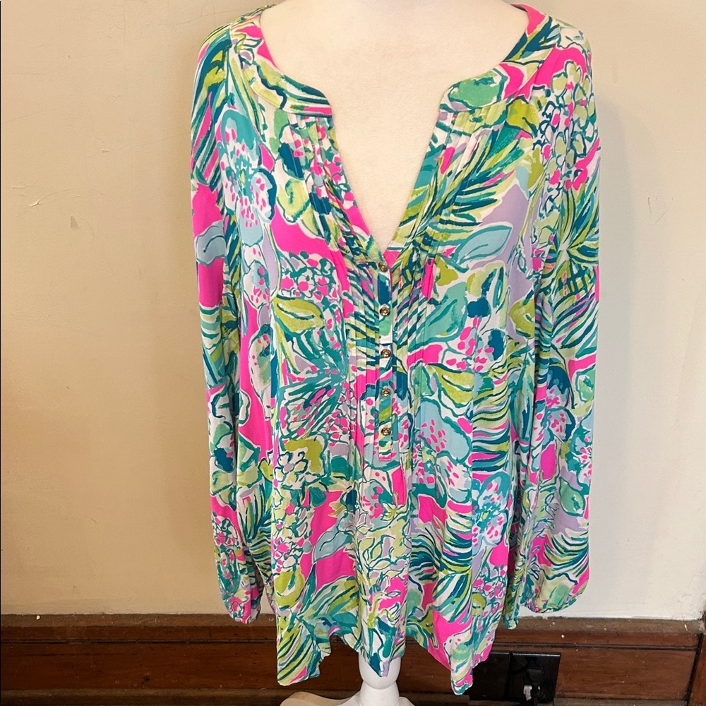 Lilly Pulitzer Women's Floral long sleeve blouse Size XL EUC